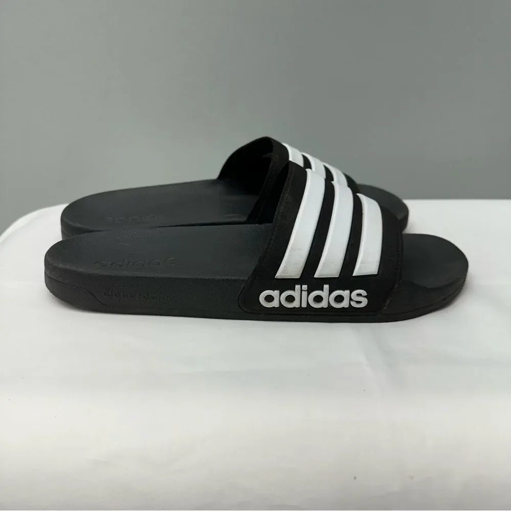 Adidas cloudfoam triple stripe black and‎ white slides slip ons sandals men's 10